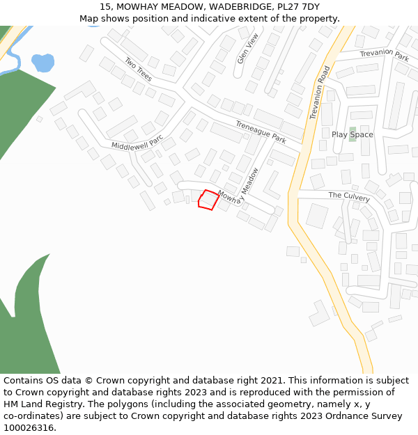 15, MOWHAY MEADOW, WADEBRIDGE, PL27 7DY: Location map and indicative extent of plot