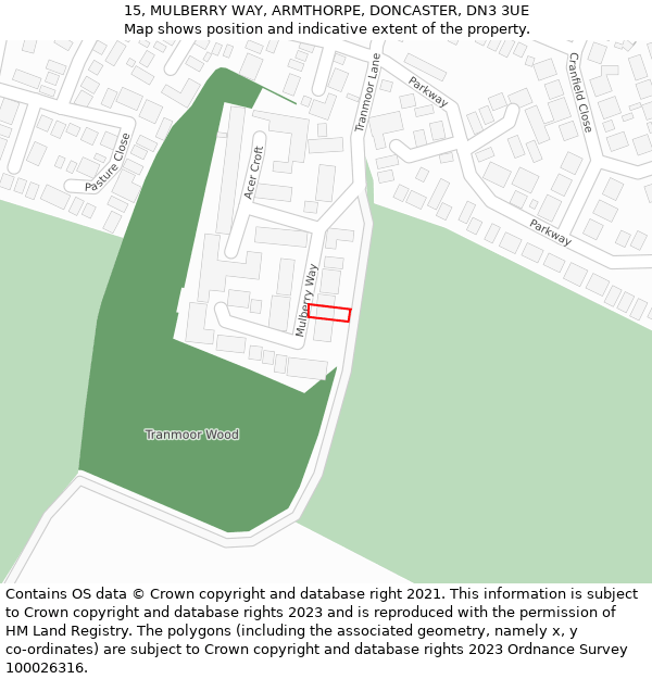 15, MULBERRY WAY, ARMTHORPE, DONCASTER, DN3 3UE: Location map and indicative extent of plot