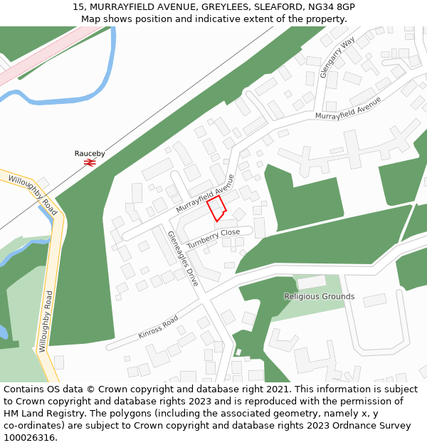 15, MURRAYFIELD AVENUE, GREYLEES, SLEAFORD, NG34 8GP: Location map and indicative extent of plot