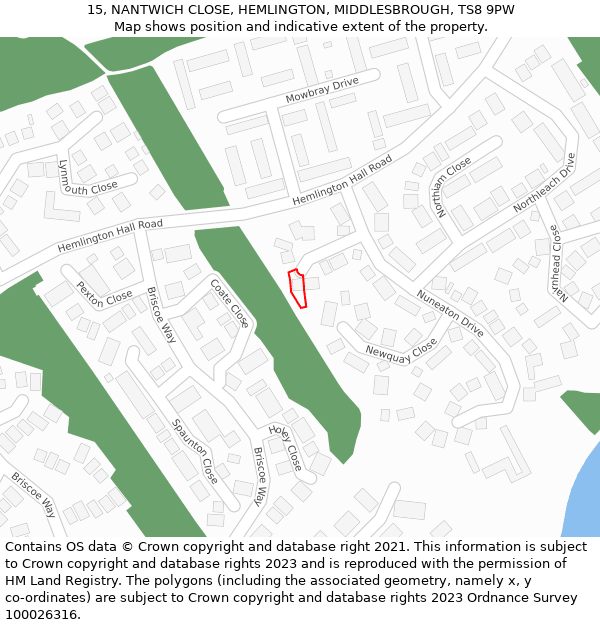 15, NANTWICH CLOSE, HEMLINGTON, MIDDLESBROUGH, TS8 9PW: Location map and indicative extent of plot