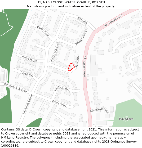 15, NASH CLOSE, WATERLOOVILLE, PO7 5FU: Location map and indicative extent of plot