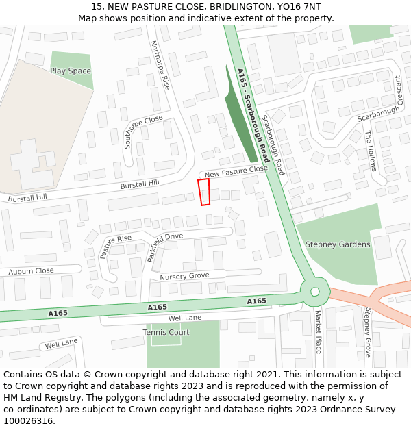 15, NEW PASTURE CLOSE, BRIDLINGTON, YO16 7NT: Location map and indicative extent of plot