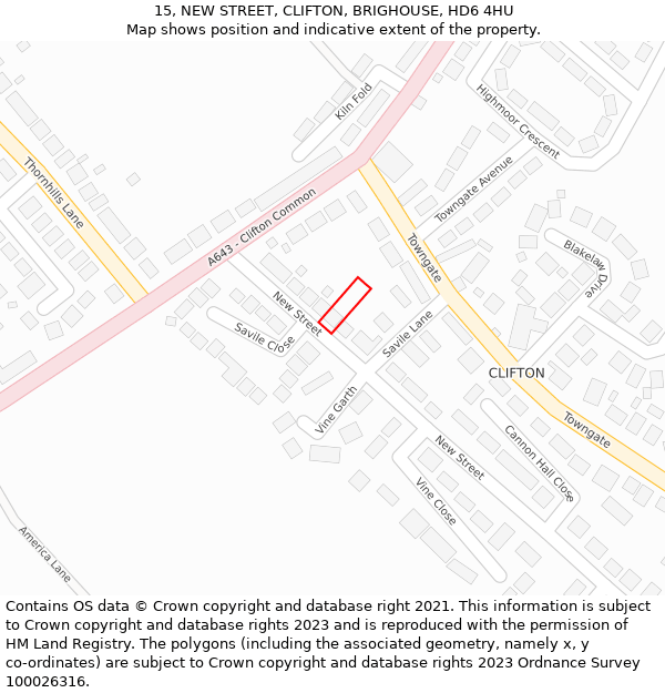 15, NEW STREET, CLIFTON, BRIGHOUSE, HD6 4HU: Location map and indicative extent of plot