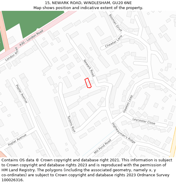 15, NEWARK ROAD, WINDLESHAM, GU20 6NE: Location map and indicative extent of plot