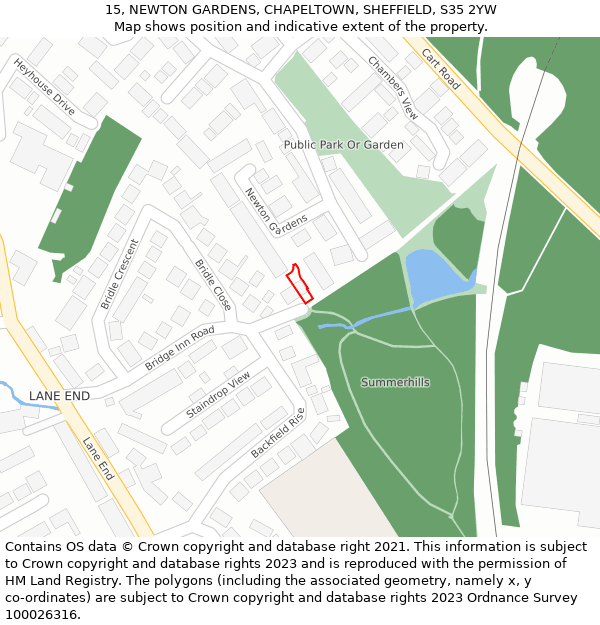 15, NEWTON GARDENS, CHAPELTOWN, SHEFFIELD, S35 2YW: Location map and indicative extent of plot