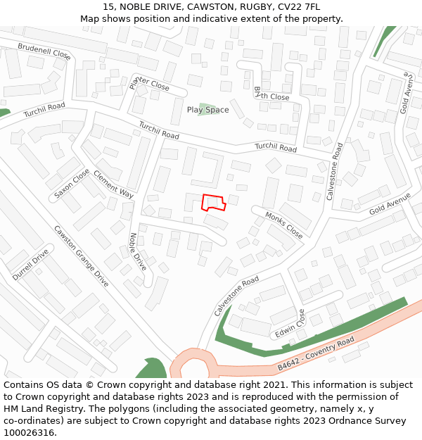 15, NOBLE DRIVE, CAWSTON, RUGBY, CV22 7FL: Location map and indicative extent of plot