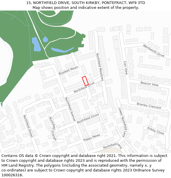 15, NORTHFIELD DRIVE, SOUTH KIRKBY, PONTEFRACT, WF9 3TD: Location map and indicative extent of plot