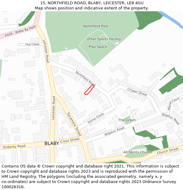 15, NORTHFIELD ROAD, BLABY, LEICESTER, LE8 4GU: Location map and indicative extent of plot