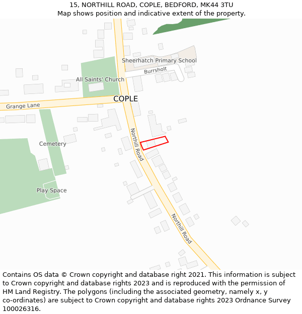 15, NORTHILL ROAD, COPLE, BEDFORD, MK44 3TU: Location map and indicative extent of plot