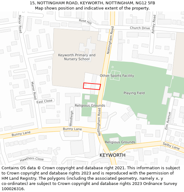 15, NOTTINGHAM ROAD, KEYWORTH, NOTTINGHAM, NG12 5FB: Location map and indicative extent of plot