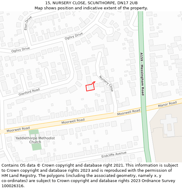 15, NURSERY CLOSE, SCUNTHORPE, DN17 2UB: Location map and indicative extent of plot