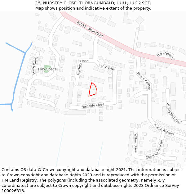 15, NURSERY CLOSE, THORNGUMBALD, HULL, HU12 9GD: Location map and indicative extent of plot