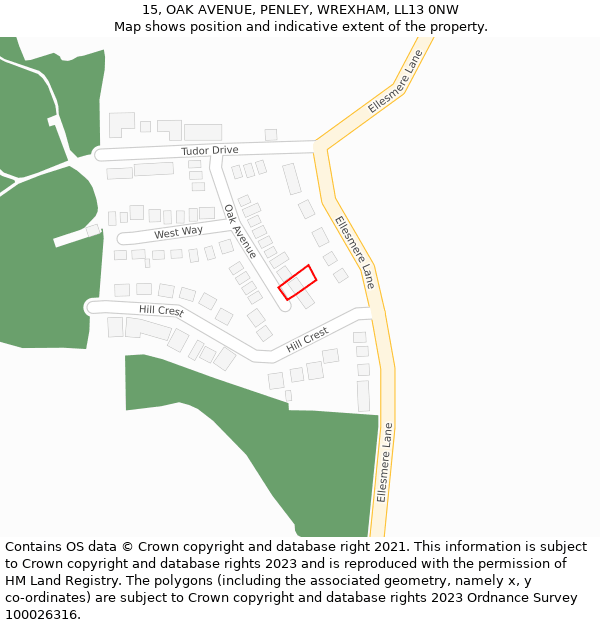 15, OAK AVENUE, PENLEY, WREXHAM, LL13 0NW: Location map and indicative extent of plot