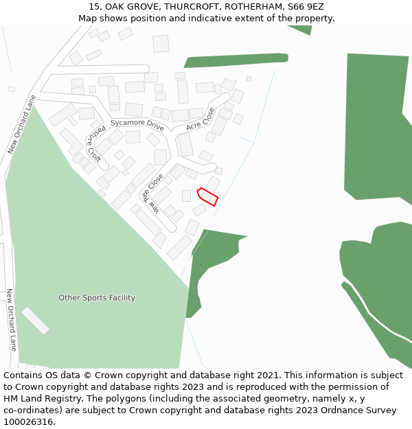 15, OAK GROVE, THURCROFT, ROTHERHAM, S66 9EZ: Location map and indicative extent of plot