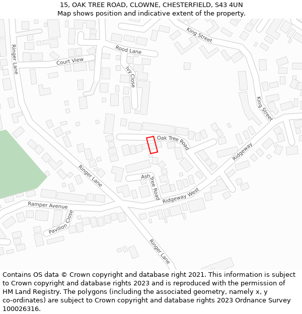 15, OAK TREE ROAD, CLOWNE, CHESTERFIELD, S43 4UN: Location map and indicative extent of plot