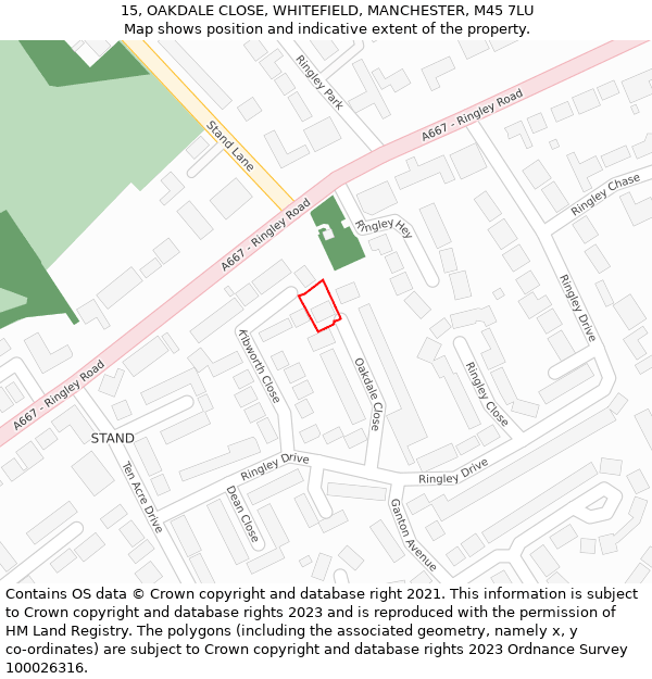 15, OAKDALE CLOSE, WHITEFIELD, MANCHESTER, M45 7LU: Location map and indicative extent of plot