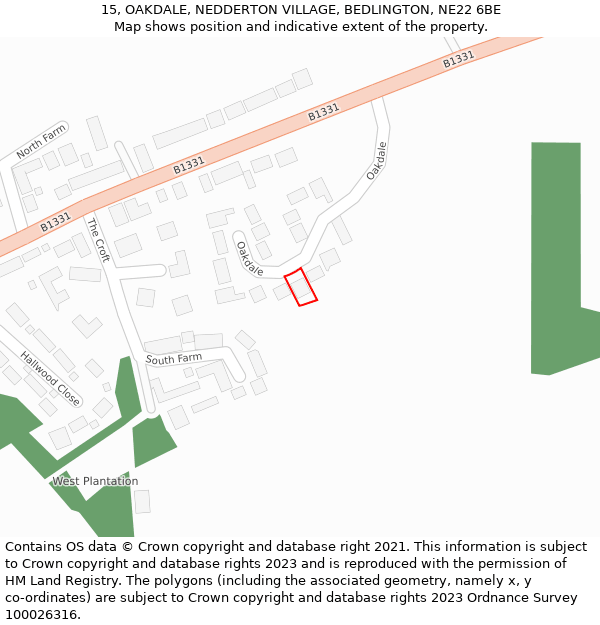 15, OAKDALE, NEDDERTON VILLAGE, BEDLINGTON, NE22 6BE: Location map and indicative extent of plot