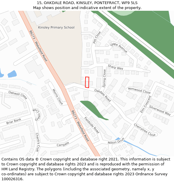 15, OAKDALE ROAD, KINSLEY, PONTEFRACT, WF9 5LS: Location map and indicative extent of plot