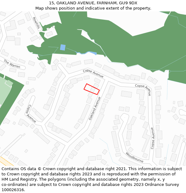 15, OAKLAND AVENUE, FARNHAM, GU9 9DX: Location map and indicative extent of plot