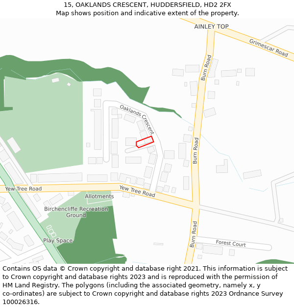 15, OAKLANDS CRESCENT, HUDDERSFIELD, HD2 2FX: Location map and indicative extent of plot