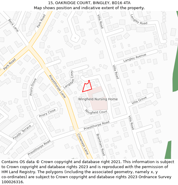 15, OAKRIDGE COURT, BINGLEY, BD16 4TA: Location map and indicative extent of plot