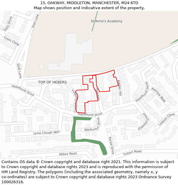 15, OAKWAY, MIDDLETON, MANCHESTER, M24 6TD: Location map and indicative extent of plot