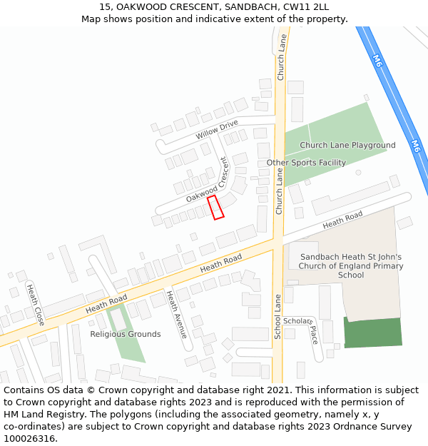 15, OAKWOOD CRESCENT, SANDBACH, CW11 2LL: Location map and indicative extent of plot