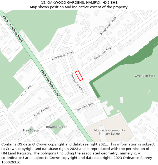 15, OAKWOOD GARDENS, HALIFAX, HX2 8HB: Location map and indicative extent of plot