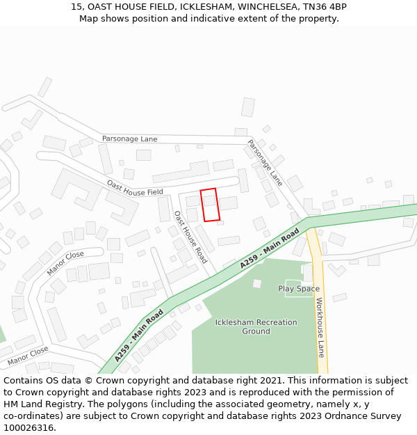 15, OAST HOUSE FIELD, ICKLESHAM, WINCHELSEA, TN36 4BP: Location map and indicative extent of plot