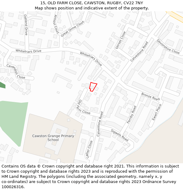 15, OLD FARM CLOSE, CAWSTON, RUGBY, CV22 7NY: Location map and indicative extent of plot