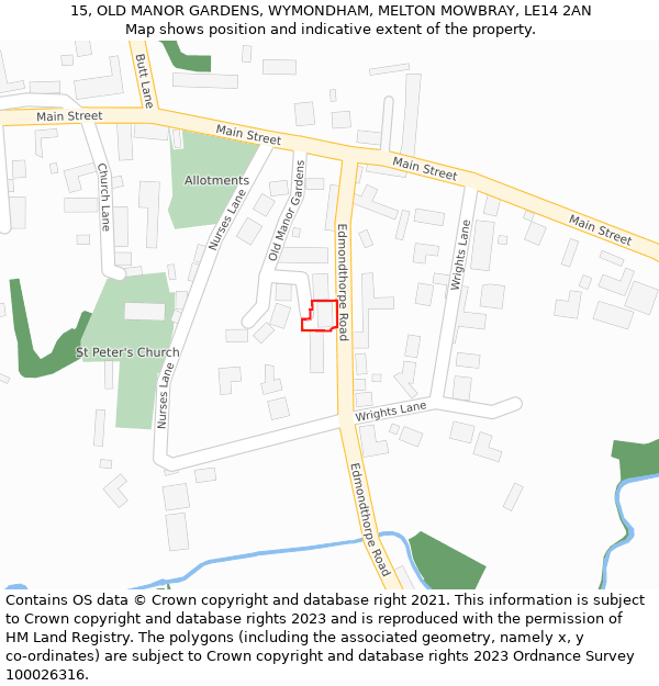 15, OLD MANOR GARDENS, WYMONDHAM, MELTON MOWBRAY, LE14 2AN: Location map and indicative extent of plot