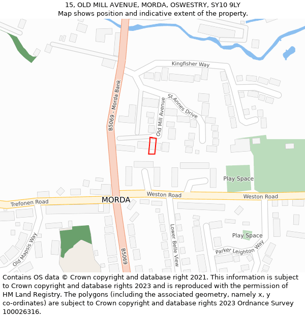 15, OLD MILL AVENUE, MORDA, OSWESTRY, SY10 9LY: Location map and indicative extent of plot