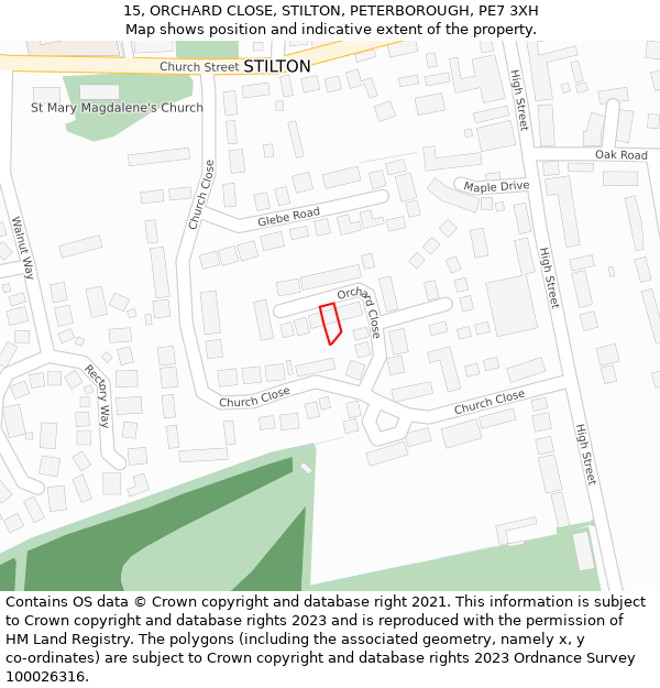 15, ORCHARD CLOSE, STILTON, PETERBOROUGH, PE7 3XH: Location map and indicative extent of plot