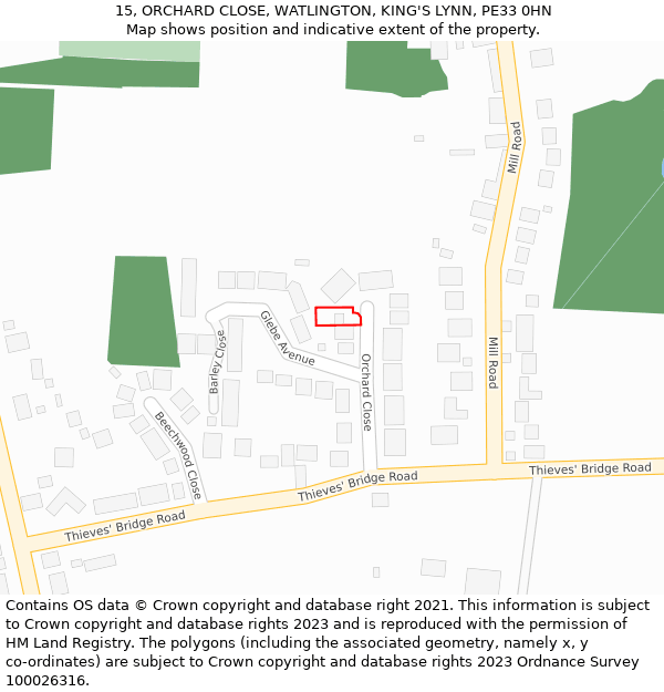 15, ORCHARD CLOSE, WATLINGTON, KING'S LYNN, PE33 0HN: Location map and indicative extent of plot