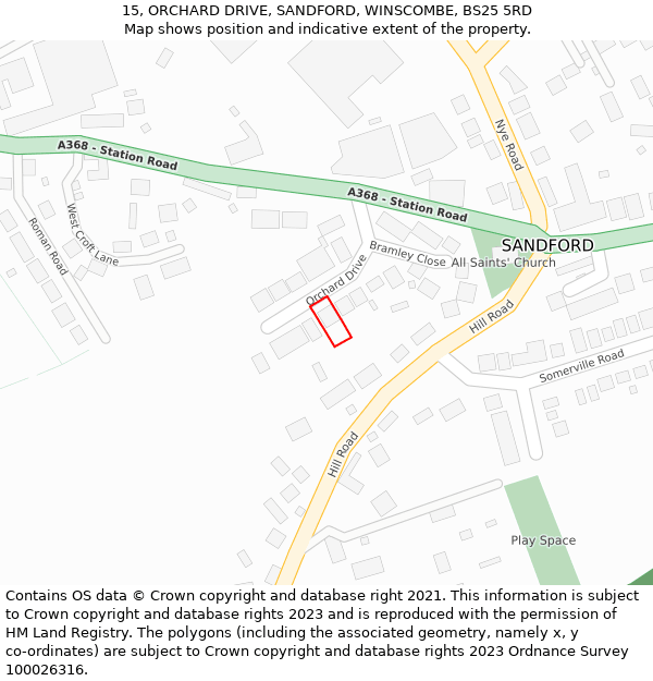 15, ORCHARD DRIVE, SANDFORD, WINSCOMBE, BS25 5RD: Location map and indicative extent of plot