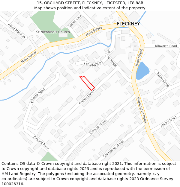 15, ORCHARD STREET, FLECKNEY, LEICESTER, LE8 8AR: Location map and indicative extent of plot