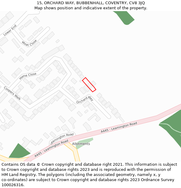 15, ORCHARD WAY, BUBBENHALL, COVENTRY, CV8 3JQ: Location map and indicative extent of plot