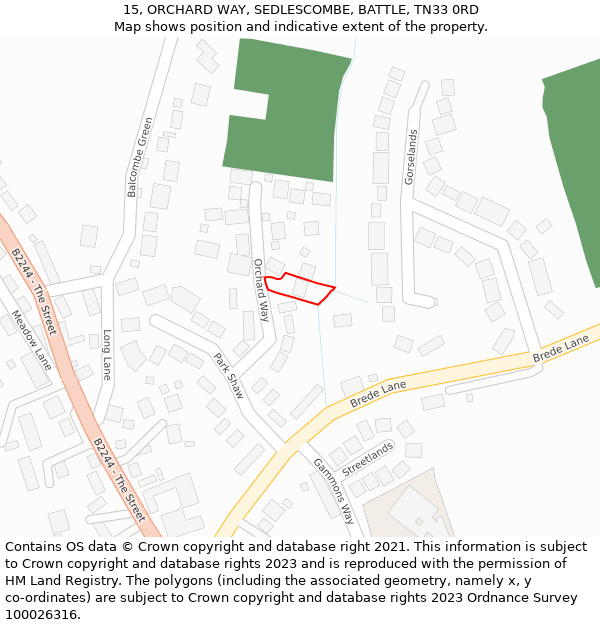 15, ORCHARD WAY, SEDLESCOMBE, BATTLE, TN33 0RD: Location map and indicative extent of plot