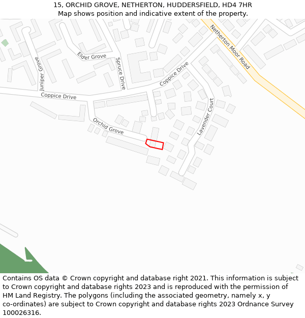 15, ORCHID GROVE, NETHERTON, HUDDERSFIELD, HD4 7HR: Location map and indicative extent of plot