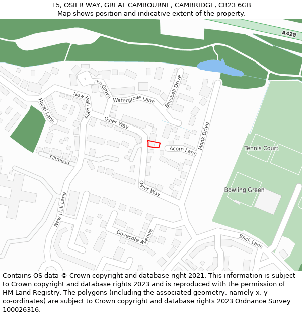 15, OSIER WAY, GREAT CAMBOURNE, CAMBRIDGE, CB23 6GB: Location map and indicative extent of plot