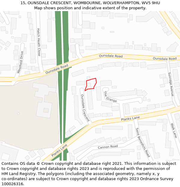 15, OUNSDALE CRESCENT, WOMBOURNE, WOLVERHAMPTON, WV5 9HU: Location map and indicative extent of plot
