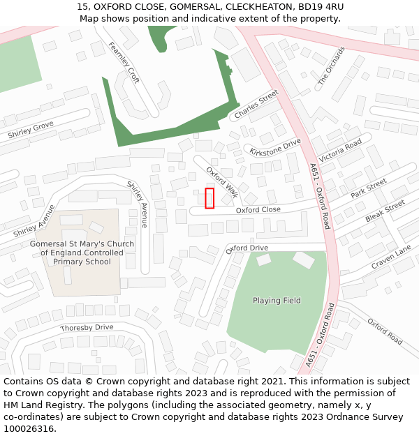 15, OXFORD CLOSE, GOMERSAL, CLECKHEATON, BD19 4RU: Location map and indicative extent of plot