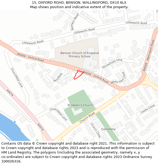 15, OXFORD ROAD, BENSON, WALLINGFORD, OX10 6LX: Location map and indicative extent of plot