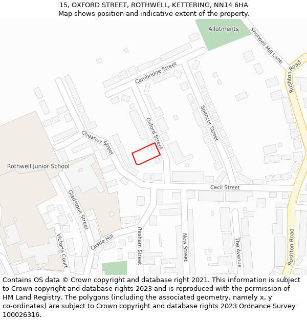15, OXFORD STREET, ROTHWELL, KETTERING, NN14 6HA: Location map and indicative extent of plot
