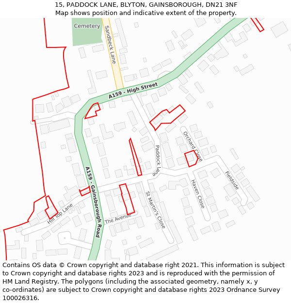 15, PADDOCK LANE, BLYTON, GAINSBOROUGH, DN21 3NF: Location map and indicative extent of plot