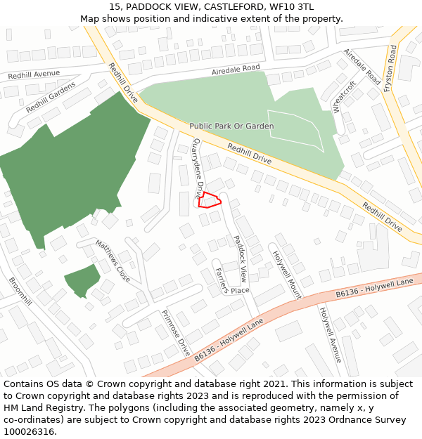 15, PADDOCK VIEW, CASTLEFORD, WF10 3TL: Location map and indicative extent of plot