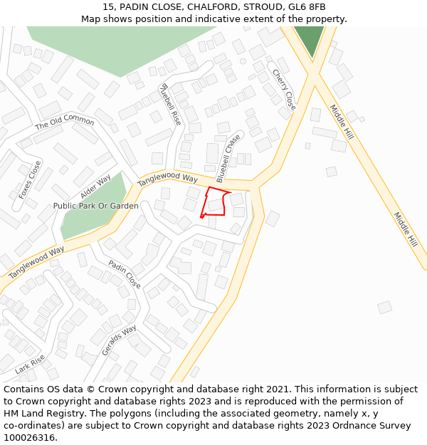 15, PADIN CLOSE, CHALFORD, STROUD, GL6 8FB: Location map and indicative extent of plot