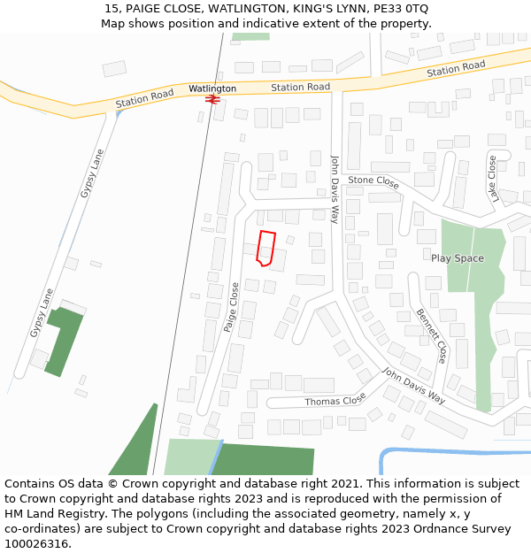 15, PAIGE CLOSE, WATLINGTON, KING'S LYNN, PE33 0TQ: Location map and indicative extent of plot