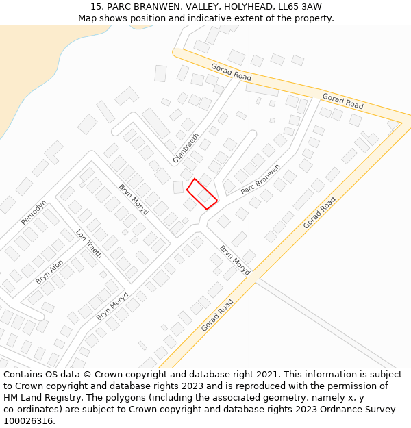 15, PARC BRANWEN, VALLEY, HOLYHEAD, LL65 3AW: Location map and indicative extent of plot