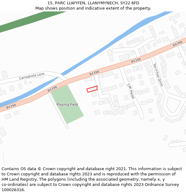 15, PARC LLWYFEN, LLANYMYNECH, SY22 6FD: Location map and indicative extent of plot